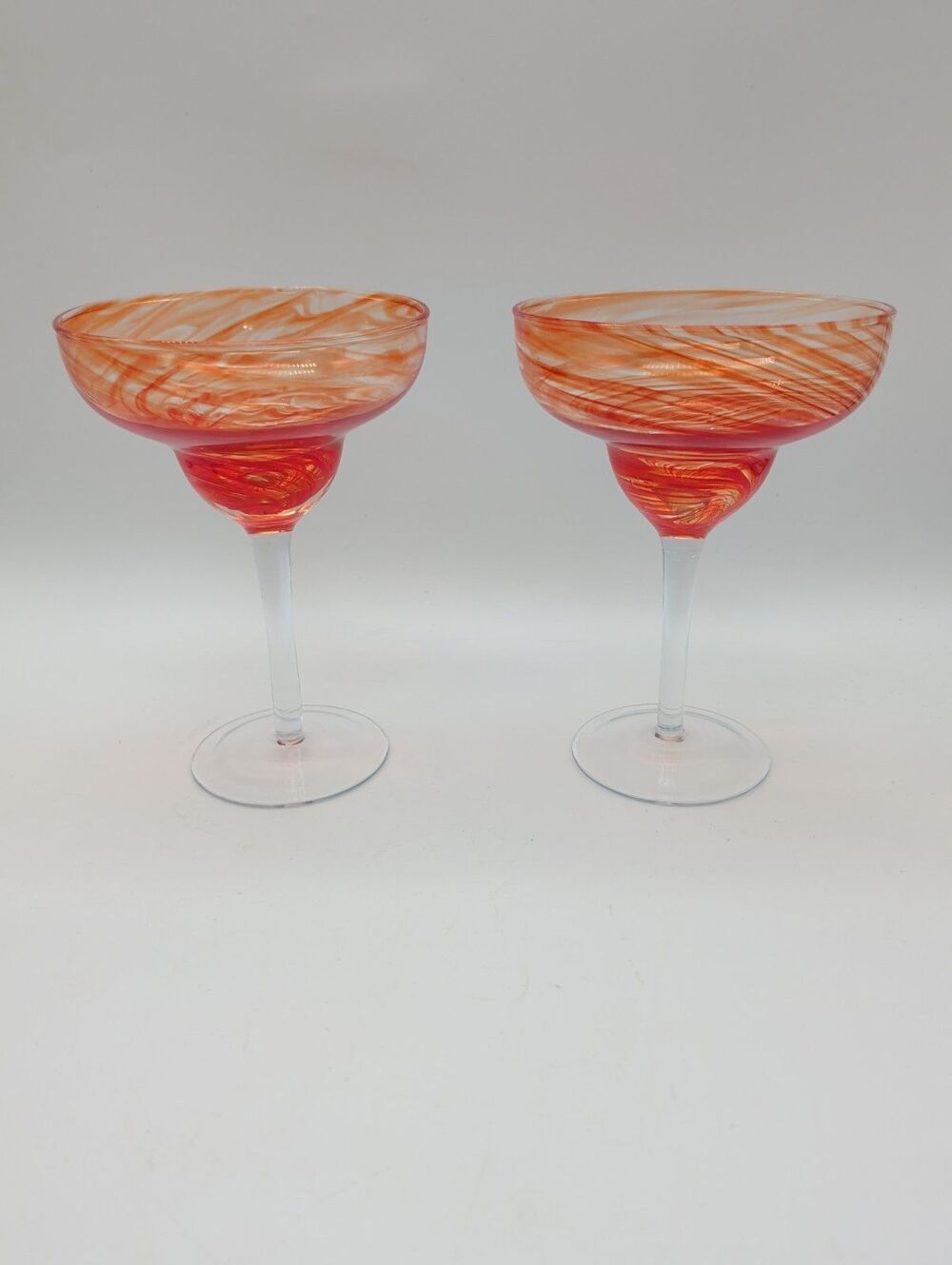 Orange Swirl Margarita Glasses Handblown Unique Set Of 2 Summer Art Glass
